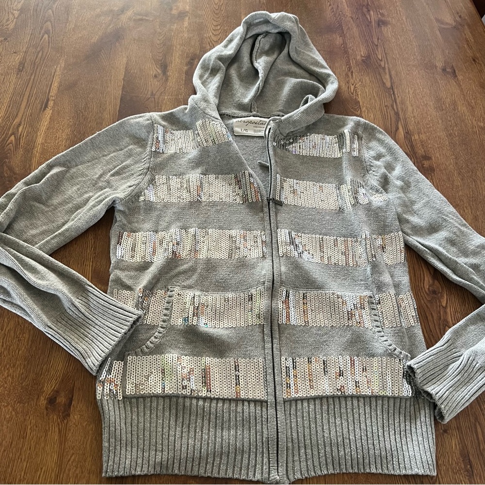 Womens Aeropostale Grey Silver Sequin Hoodie Jacket size Large Knit Sweater Y2K